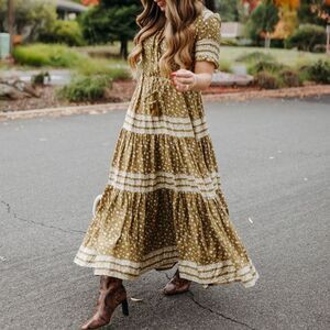 Free People Rare Feelings Maxi Dress Warm Olive Green Tiered Prairie Size XS